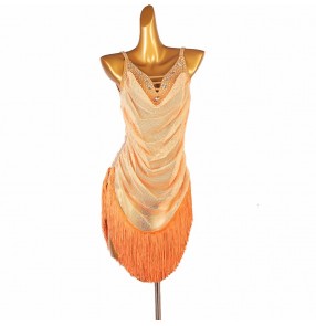 Women girls light orange fringe competition latin dance dresses mesh tassels gemstones bling salsa rumba chacha latin performance wear